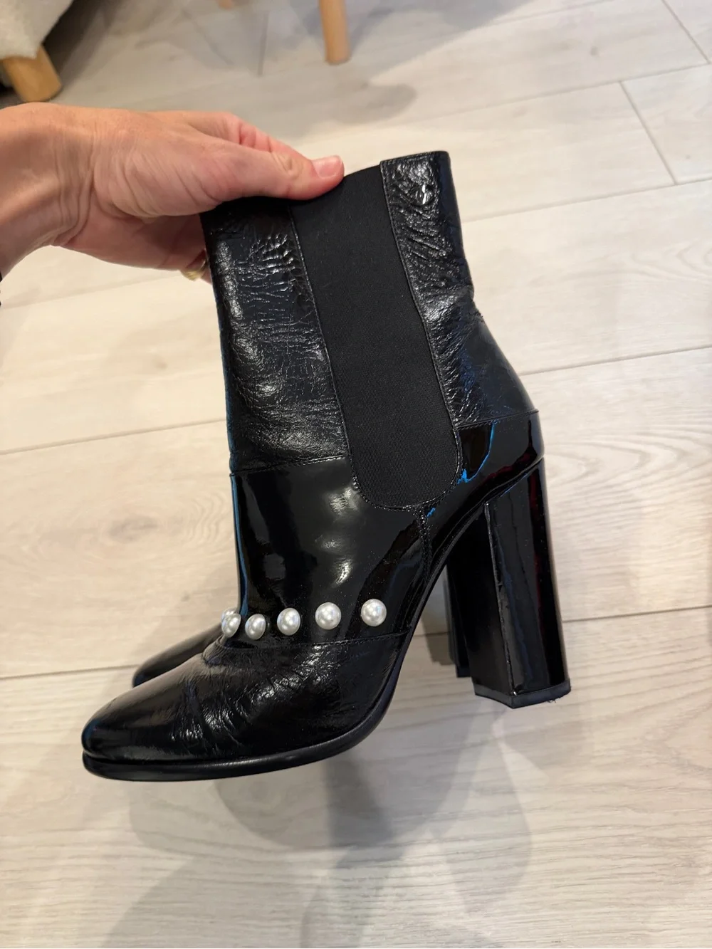 Chanel faux pearl heeled boots